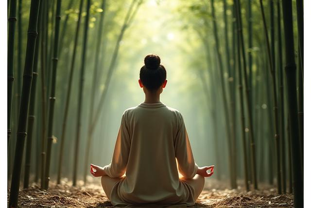 京都の竹林で瞑想する日本人女性